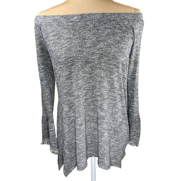 New THML Heather Black White  Off Shoulder Fringe Sweater Size S Small - Picture 2 of 12